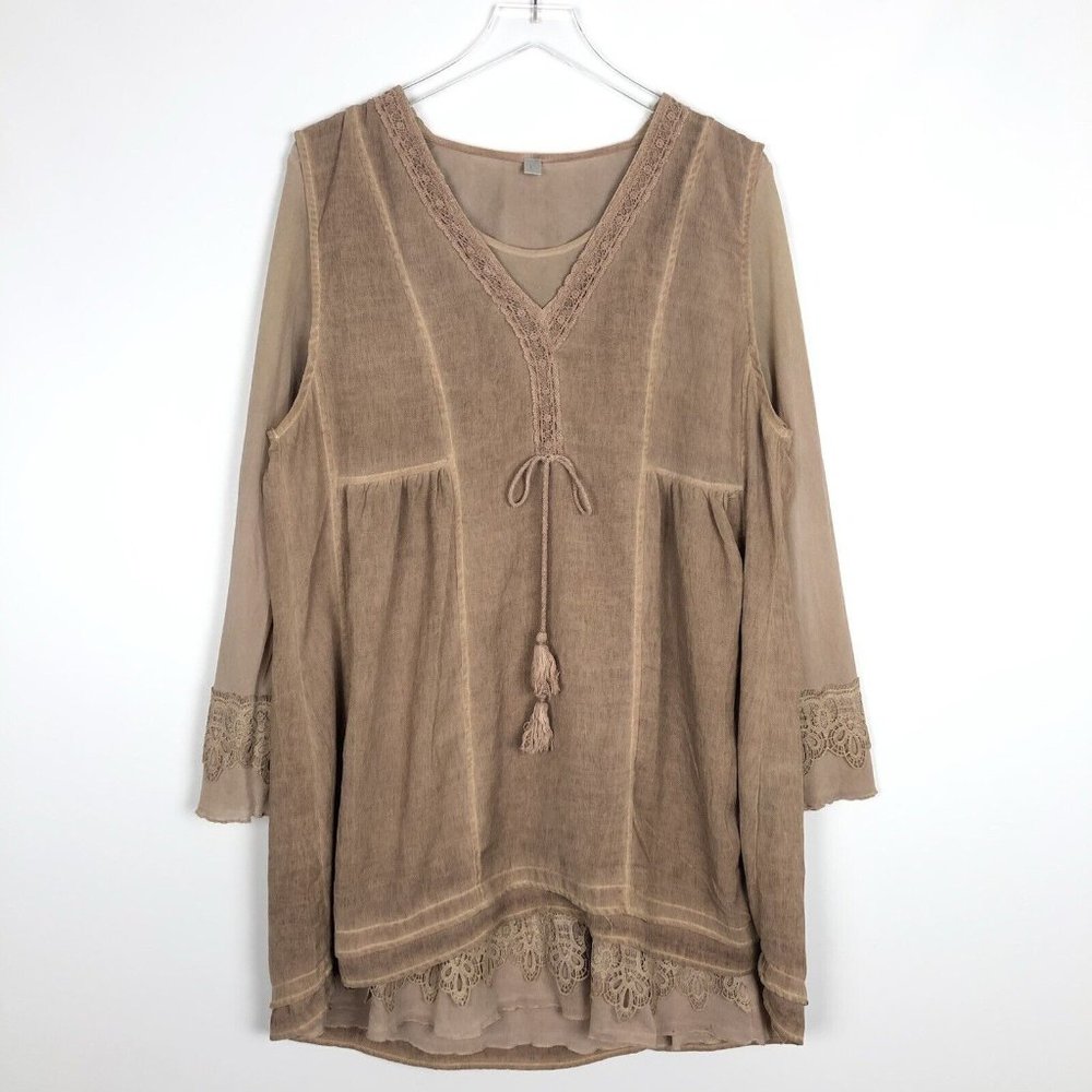 Pretty Angel Lace Trim Layered Tunic Blouse Tank Long Sleeve Top Rose Mauve L